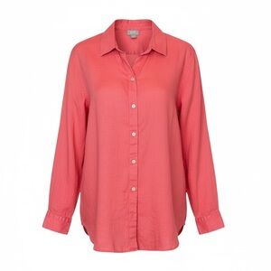 JJill Sun Bleached Corral Red Linen Button Front Long Sleeve Tunic Top Blouse